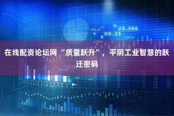 在线配资论坛网 “质量跃升”，平阴工业智慧的跃迁密码